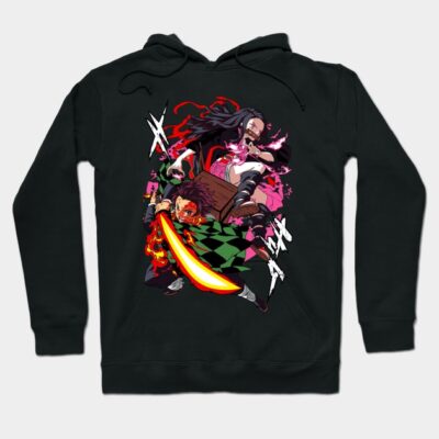 Black anime-themed hoodie featuring vibrant action scene, perfect for casual wear and fans of manga art.