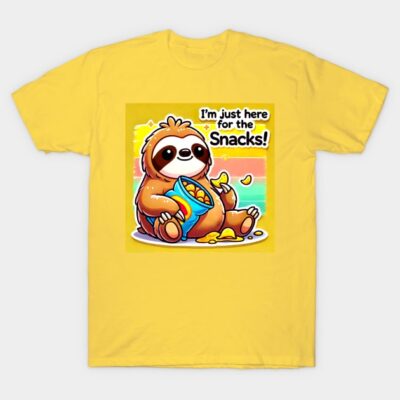 Yellow T-shirt with cute sloth graphic and "I'm just here for the snacks" text, casual style, cotton material.