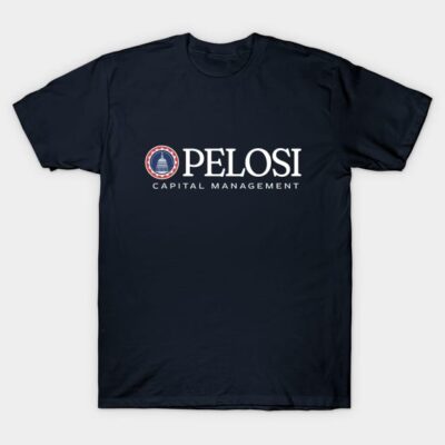Navy blue t-shirt with "Pelosi Capital Management" logo, casual style, cotton material, ideal for everyday wear.