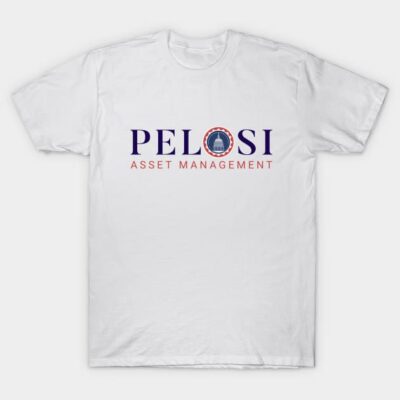 White T-shirt with "Asset Management" text, blue and red logo; casual style, unisex, soft cotton material.