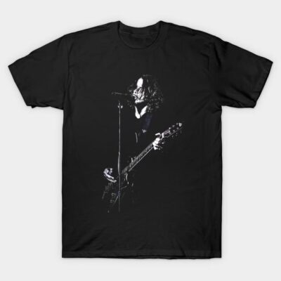 Black graphic t-shirt featuring a musician design, casual style, made from 100% cotton for comfortable everyday wear.