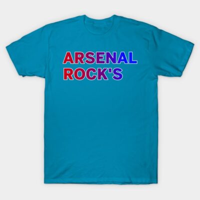 Blue cotton t-shirt with "Arsenal Rock's" text in red and blue, casual style, perfect for sports enthusiasts.