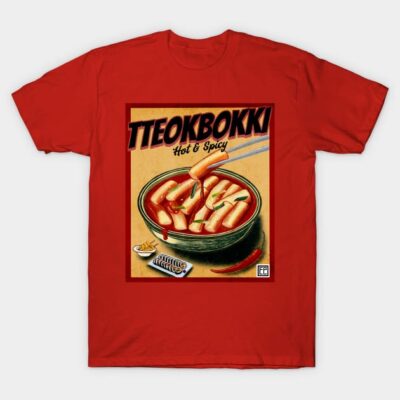 Red T-shirt featuring a Tteokbokki graphic design, ideal for casual wear, 100% cotton material.