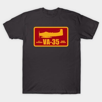 Black t-shirt with red and yellow VA-35 Skyraider design, casual wear, cotton material.