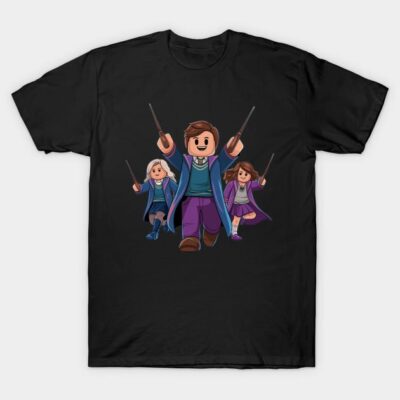 Black cotton T-shirt with cartoon wizard graphic, perfect for casual wear and fans of magic-themed designs.