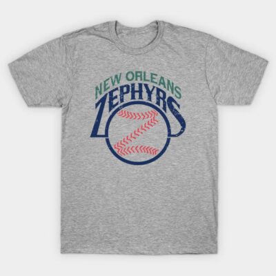 Gray New Orleans Zephyrs baseball t-shirt, featuring vintage logo design, casual style, cotton material.