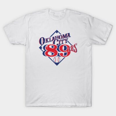 White Oklahoma City 89ers T-shirt, featuring a vintage baseball design in red and blue, casual cotton material.