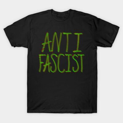 Black cotton t-shirt with green "Anti Fascist" text, casual style for everyday wear.