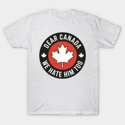 White cotton T-shirt with red maple leaf graphic and humorous text, casual style.