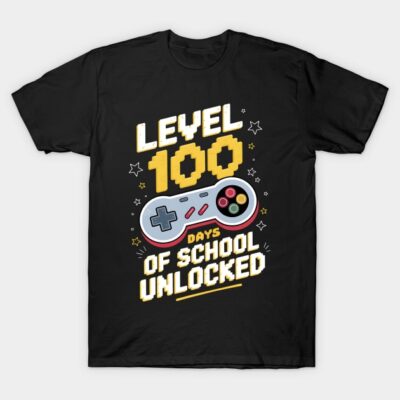 Black T-shirt with "Level 100 Days of School Unlocked" gaming design, perfect for school milestone celebrations.