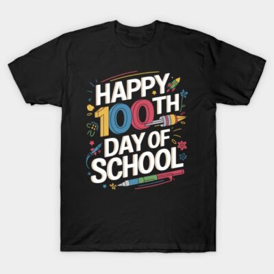 Black "Happy 100th Day of School" graphic t-shirt, colorful design, casual wear, cotton material, unisex.