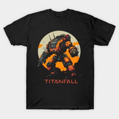 Black T-shirt featuring a bold orange mech design, perfect for gaming enthusiasts. Cotton material, casual style.