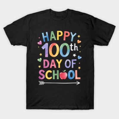 "Black t-shirt with colorful 'Happy 100th Day of School' design, featuring hearts and an apple graphic."