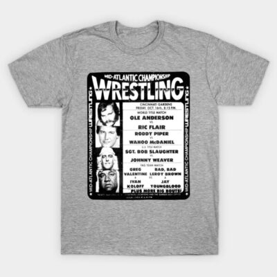 Gray cotton T-shirt featuring vintage wrestling poster design, perfect for casual wear and wrestling enthusiasts.