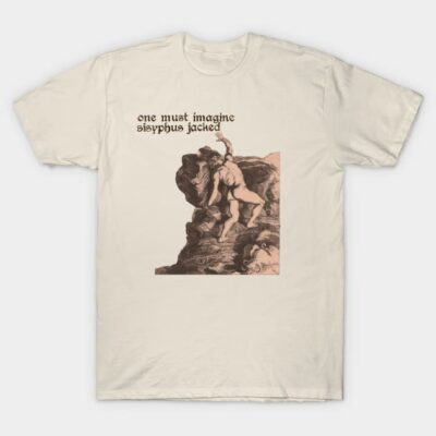 Beige t-shirt with artistic Sisyphus print, "One Must Imagine Sisyphus Jacked" text, casual wear, cotton material.