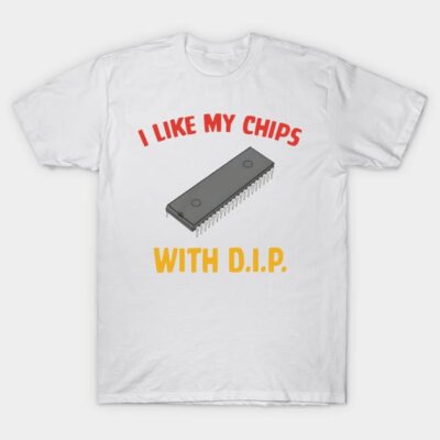 White T-shirt with humorous chip-themed print, featuring red and yellow text, casual style, cotton material.