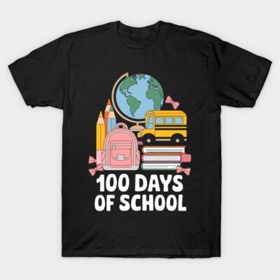 Black "100 Days of School" t-shirt with colorful school-themed graphics, including globe, bus, and books. Cotton material.
