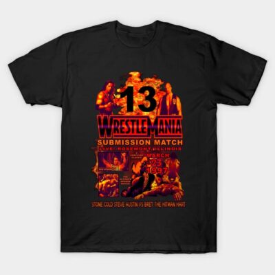 Black WrestleMania 13 T-shirt featuring vibrant orange graphics, celebrating iconic wrestling event, casual wear.