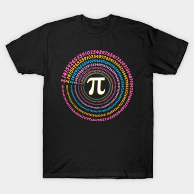 Black t-shirt with colorful Pi symbol and number spiral design, casual math-themed apparel, 100% cotton.