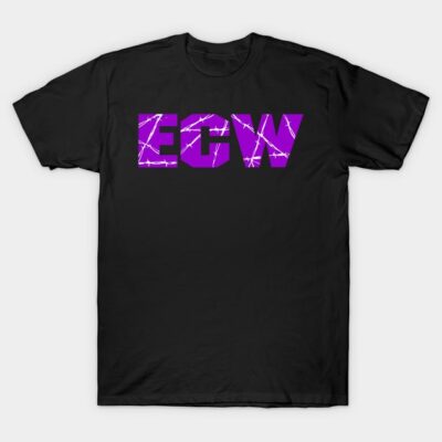 Black t-shirt with purple "ECW" barbed wire design, casual style, cotton material, perfect for everyday wear.
