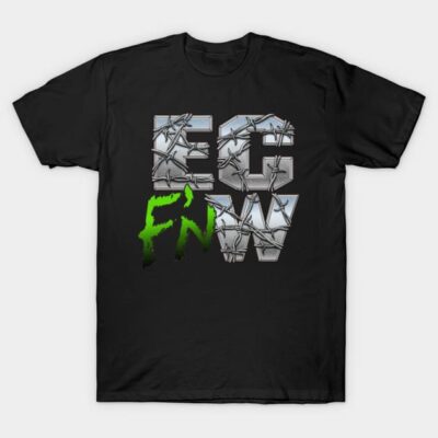 Black graphic t-shirt with barbed wire design and bold text, casual style, suitable for everyday wear.