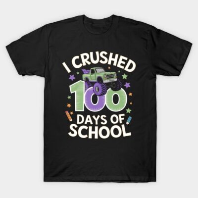 Black T-shirt with "I Crushed 100 Days of School" graphic, featuring a monster truck design, perfect for school milestones.
