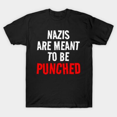 Black cotton t-shirt with bold white and red slogan print, casual wear, unisex.