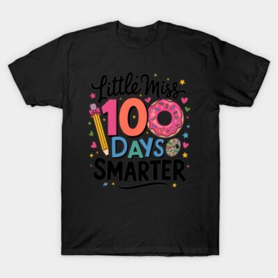 Black T-shirt with colorful "Little Miss 100 Days Smarter" design, featuring pencils and donuts. Perfect for school events.