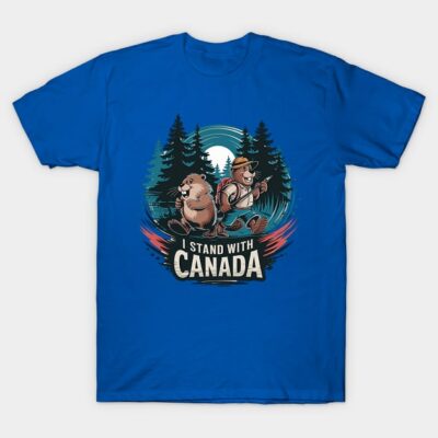 Blue "I Stand with Canada" t-shirt featuring cartoon beaver and hiker design, perfect for casual wear and support.