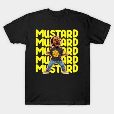 Black graphic t-shirt with bold yellow "MUSTARD" text and animated character design, casual wear for all seasons.