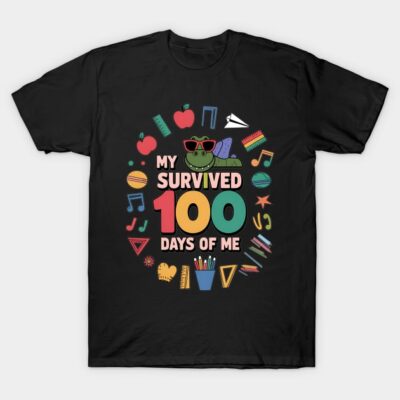 Black t-shirt with "Survived 100 Days of Me" colorful graphic, featuring playful school-themed icons and a turtle.