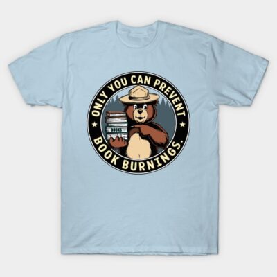 Light blue t-shirt with bear graphic, promoting book conservation. Casual wear, cotton material, unisex design.