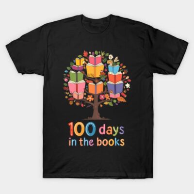 Black t-shirt with colorful book tree graphic and "100 days in the books" text, perfect for milestone celebrations.
