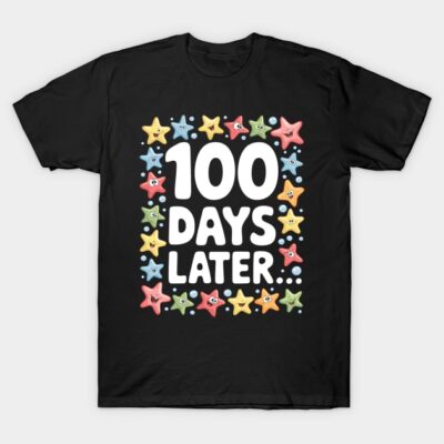Black t-shirt with colorful starfish design and "100 Days Later" text, perfect for casual wear.
