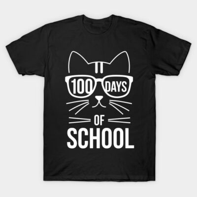 Black "100 Days of School" cat graphic t-shirt, featuring playful design, perfect for school celebrations and casual wear.