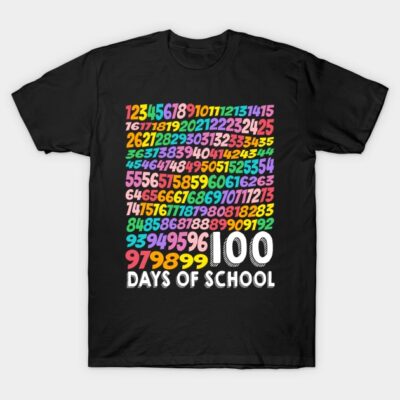 "Black t-shirt with colorful numbers and '100 Days of School' design, perfect for school events and celebrations."