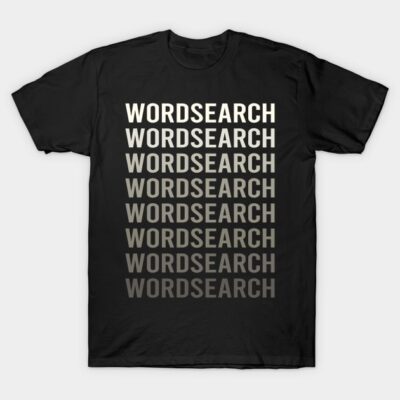 Black "Wordsearch" graphic t-shirt, casual style, unisex cotton tee for everyday wear.