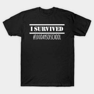 Black "I Survived 100 Days of School" T-shirt, casual cotton, school milestone celebration wear.
