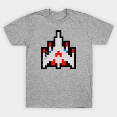 Gray t-shirt with retro pixel art spaceship design, ideal for casual wear, made from soft cotton for comfort.