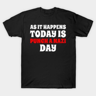 Black graphic T-shirt with bold white and red text print, casual style, cotton material, unisex design.