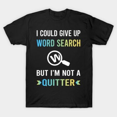 Black T-shirt with colorful "Word Search" quote design, casual style, cotton material, perfect for puzzle enthusiasts.