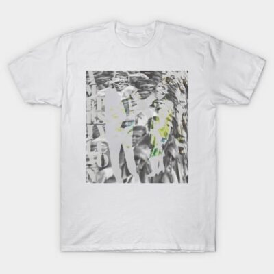 White cotton T-shirt with abstract black and green graphic print, perfect for casual wear and artistic expression.