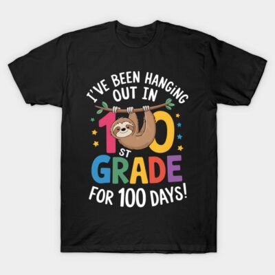 Black t-shirt with colorful "100 Days of 1st Grade" sloth design, perfect for school celebrations and casual wear.