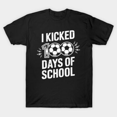 Black T-shirt with "I Kicked 100 Days of School" slogan, soccer-themed design, casual cotton apparel for school events.