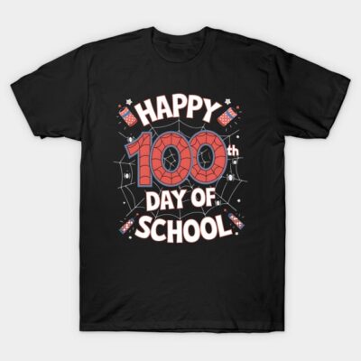 Black "Happy 100th Day of School" t-shirt with colorful spider web design, perfect for school celebrations.