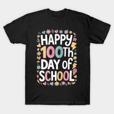 Black "Happy 100th Day of School" T-shirt with colorful graphics, perfect for school celebrations and casual wear.