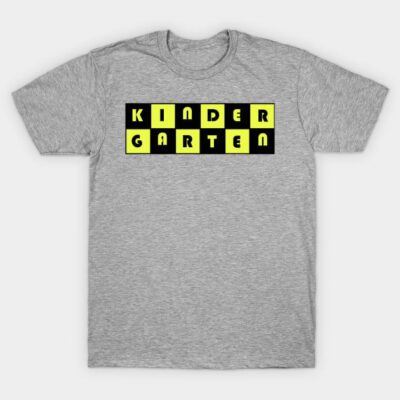 Gray cotton t-shirt with bold black and yellow "KINDERGARTEN" graphic print, casual style for everyday wear.