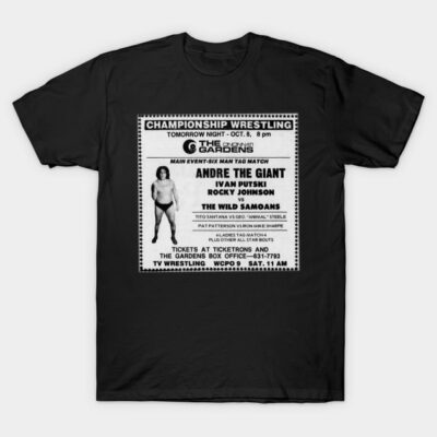 Black wrestling event graphic t-shirt, vintage style, featuring match lineup. Perfect for casual wear or wrestling fans.