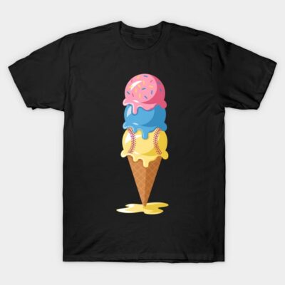 Black t-shirt featuring colorful ice cream cone with baseball-themed scoop graphic. Cotton material, casual style.