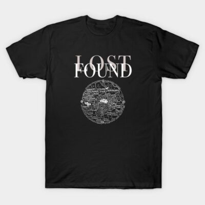 Black t-shirt with "Lost Found" text and intricate white map design, casual style, made of soft cotton material.